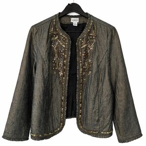 Chicos Charcoal Bronze Sequined Embellished Metallic Artisan Jacket Sz 2 (Lg)